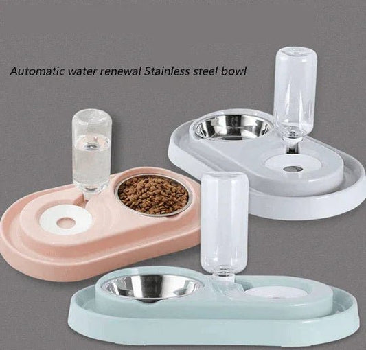 Stainless Steel Pet Bowls with Automatic Water Bottle by Tan Cress | Buy at Pawport